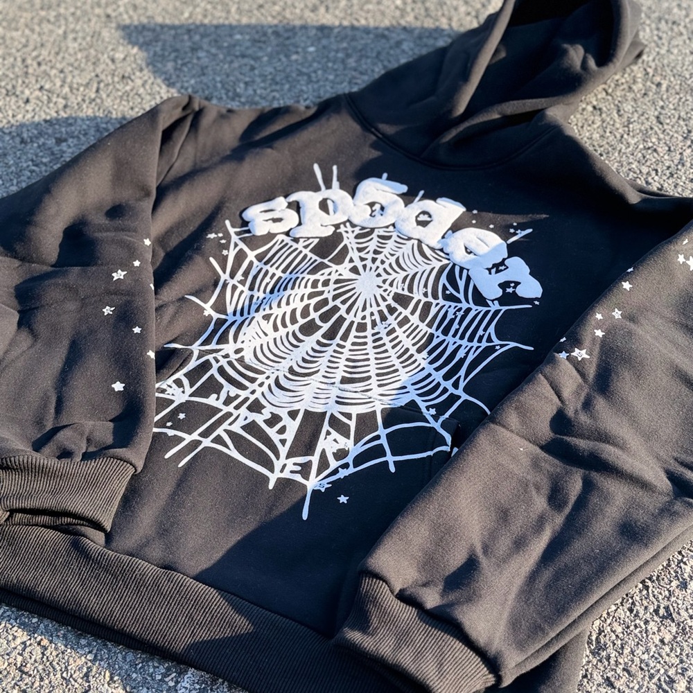 Black Spider Hoodie with Puff White Print
